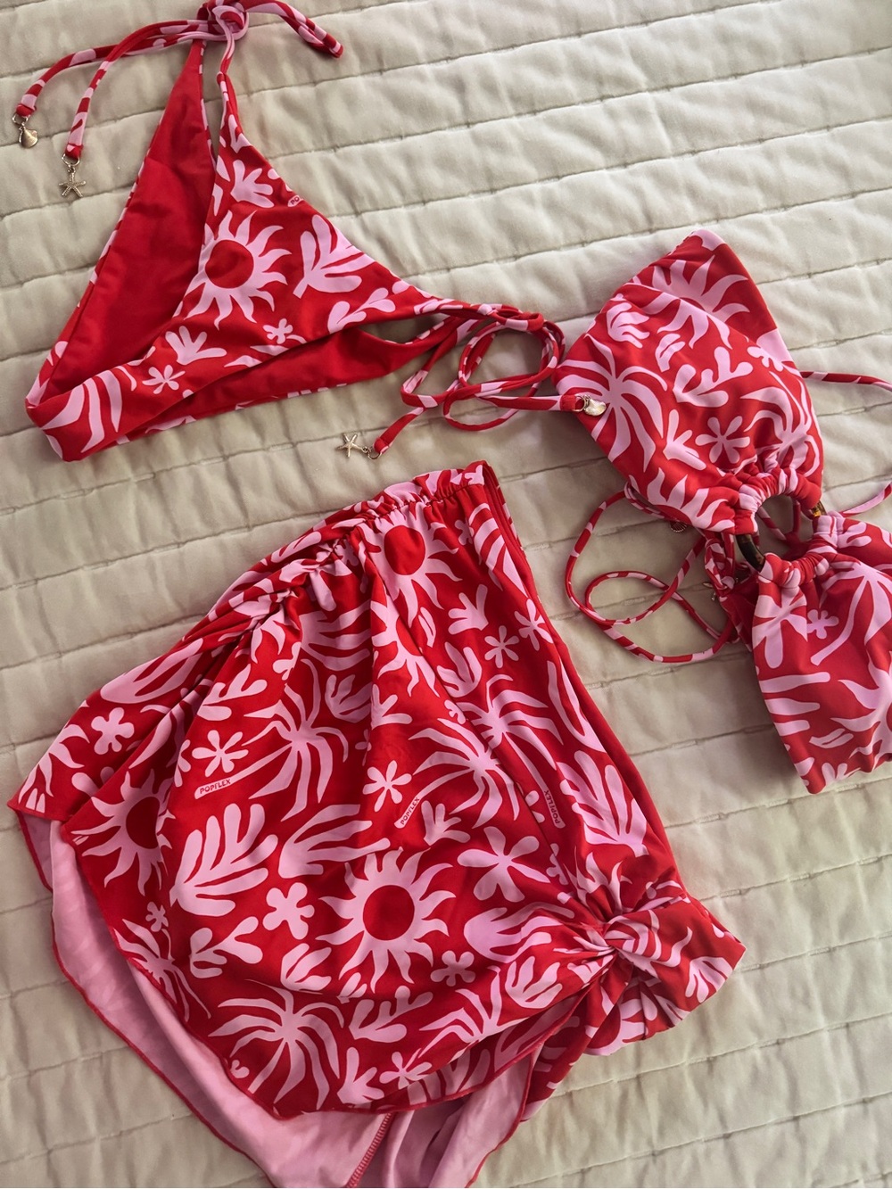 POPFLEX Red & Pink Paradiso Swim Set - Bikini Top, Skort & String tie bottoms